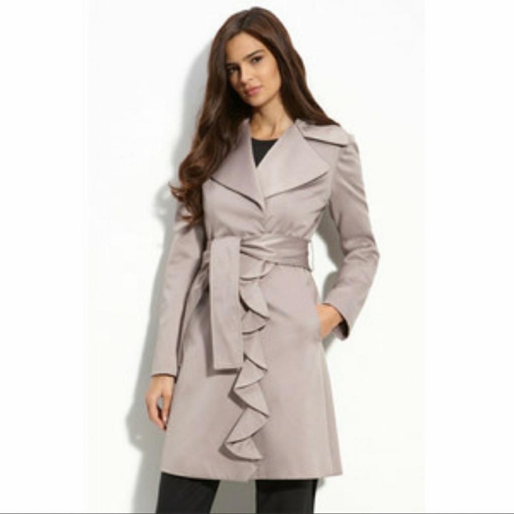 Tahari Evelyn Ruffled Trench Coat in Taupe